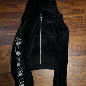 Guess Black Velvet Zip-Up Hoodie with Embellished Sleeve